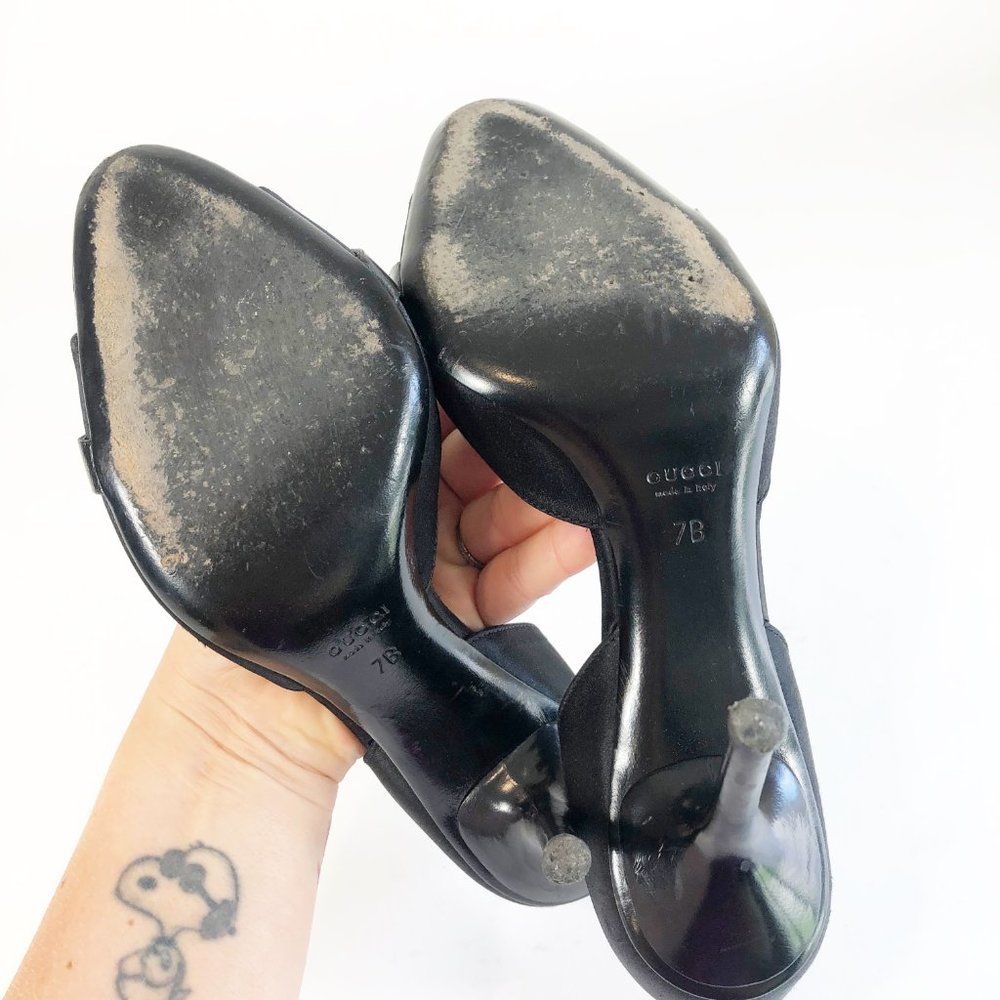 Gucci Black Horsebit Open Tie Hollywood Heels 7B - Picture 12 of 13